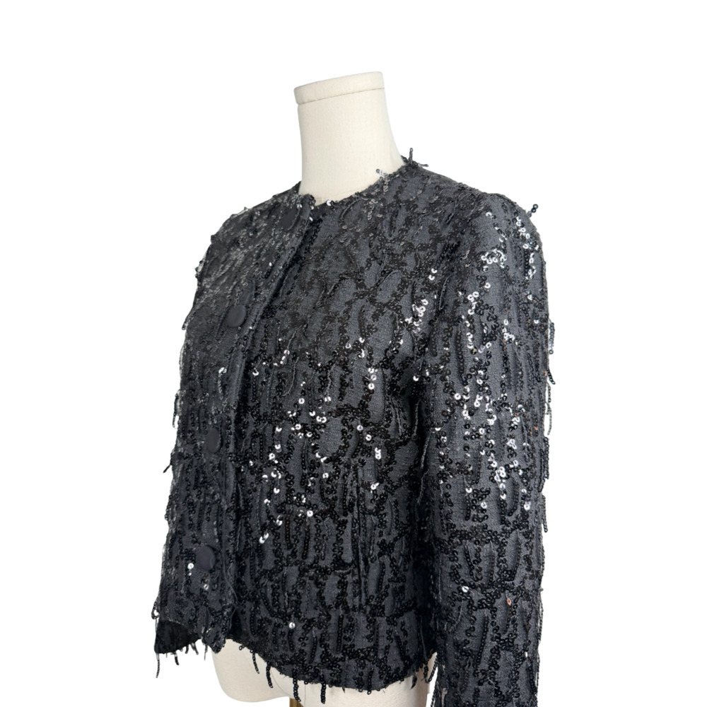 Zara Black Sequined Fringed Round Neck Blazer Jacket Sz. S NWT - Picture 4 of 5